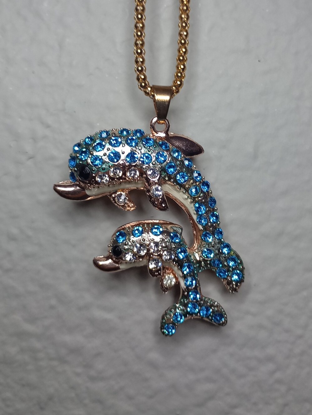 Betsey Johnson Large Dolphin Rhinestone Charm Necklace Baby And Mom Dolphins